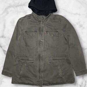 LEVIS Womens XL Jacket Military Parka Gray Denim Hooded Removable Hood X Large